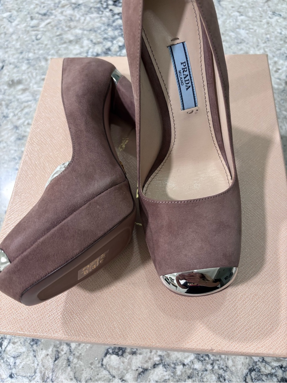 Prada Mauve Suede Platform Pumps with Silver Cap Toe